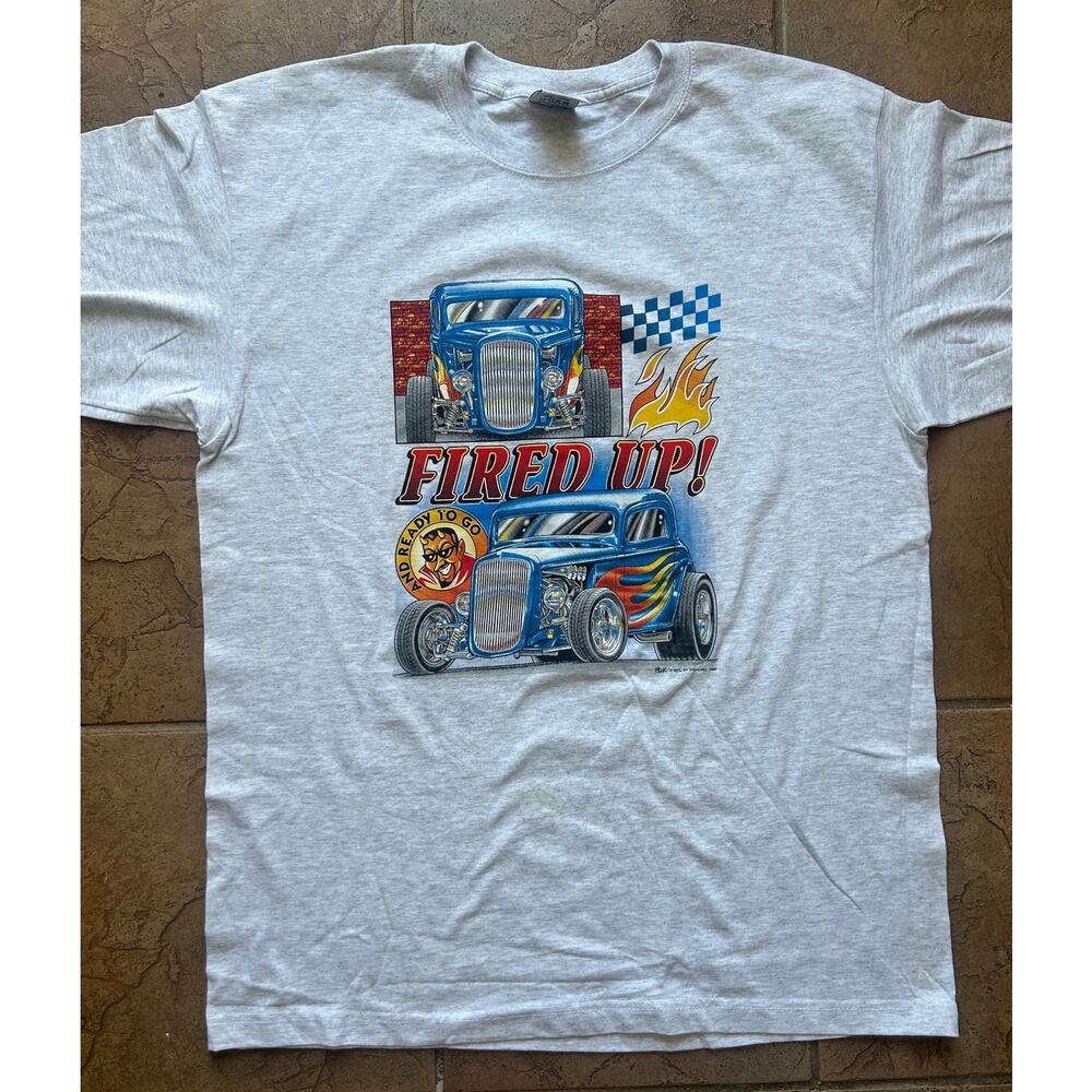 Vintage Hot Rod Racing T-Shirt Fired Up! Flames Car Graphic XL